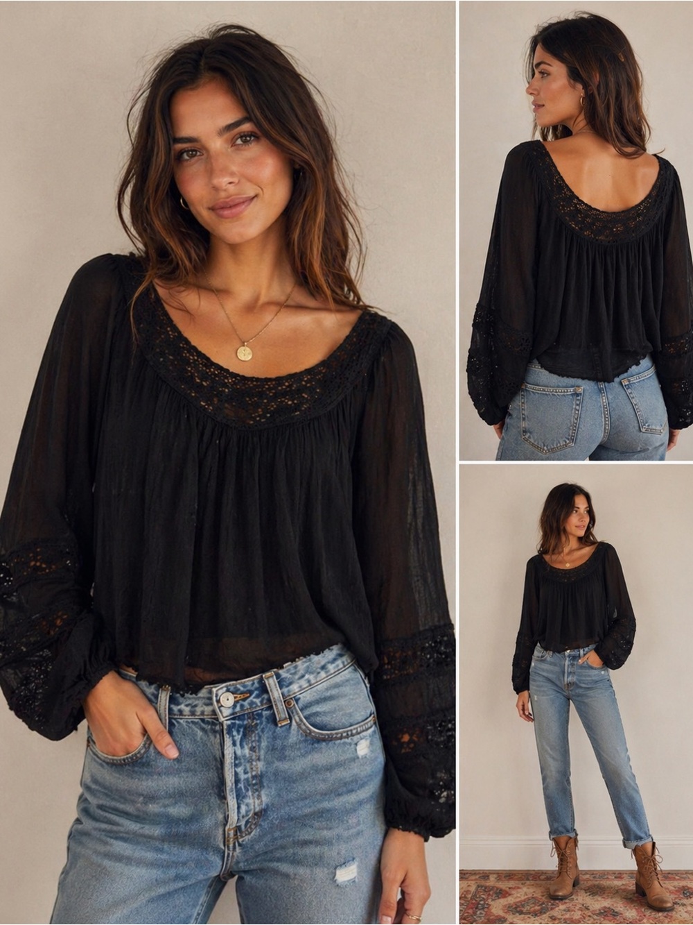 Free People Boho lined long sleeved, sheer black top.